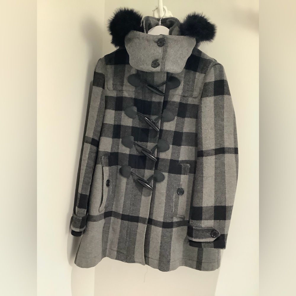 Burberry Black and Gray Plaid Coat with Removable Faux Fur Collar